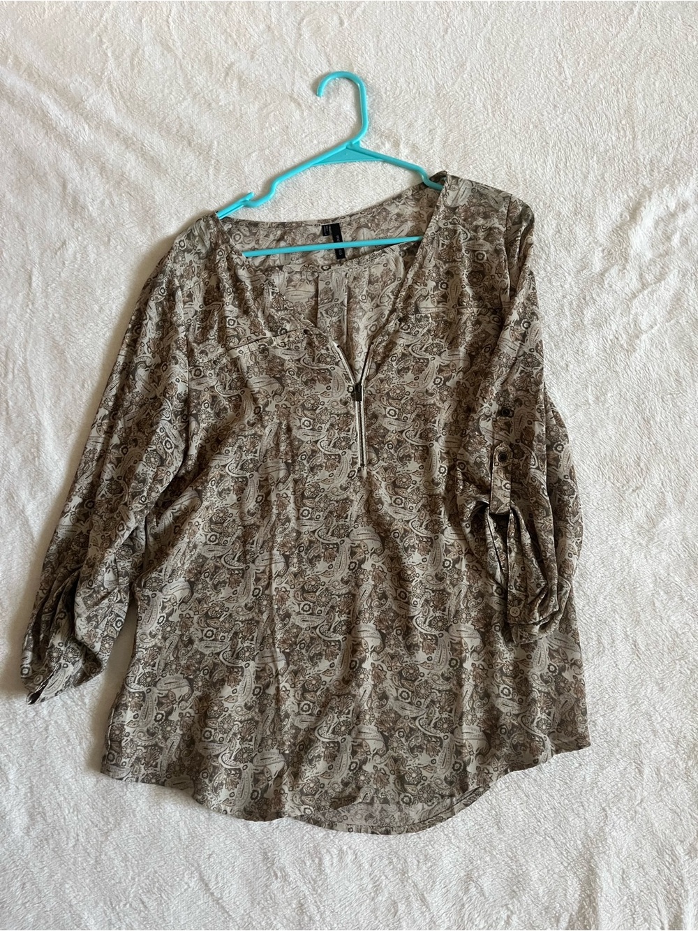 Maurices Taupe Paisley Zip-Front Blouse